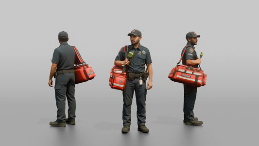 Firefighter Man Carrying a Bright Red Medical Emergency Trauma Bag