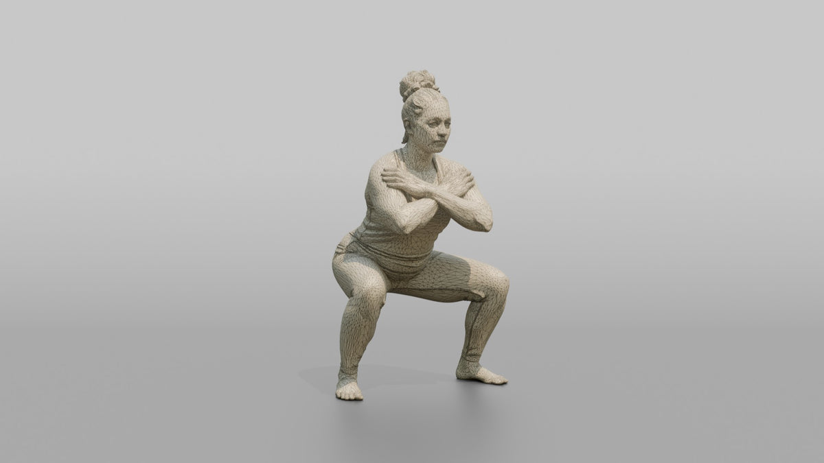 Bodyweight Athlete Woman Holding A Deep Squat Position, Arms Crossed - wireframe topology preview
