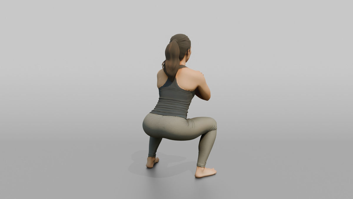 Bodyweight Athlete Woman Holding A Deep Squat Position, Arms Crossed - 3D character model, view 3