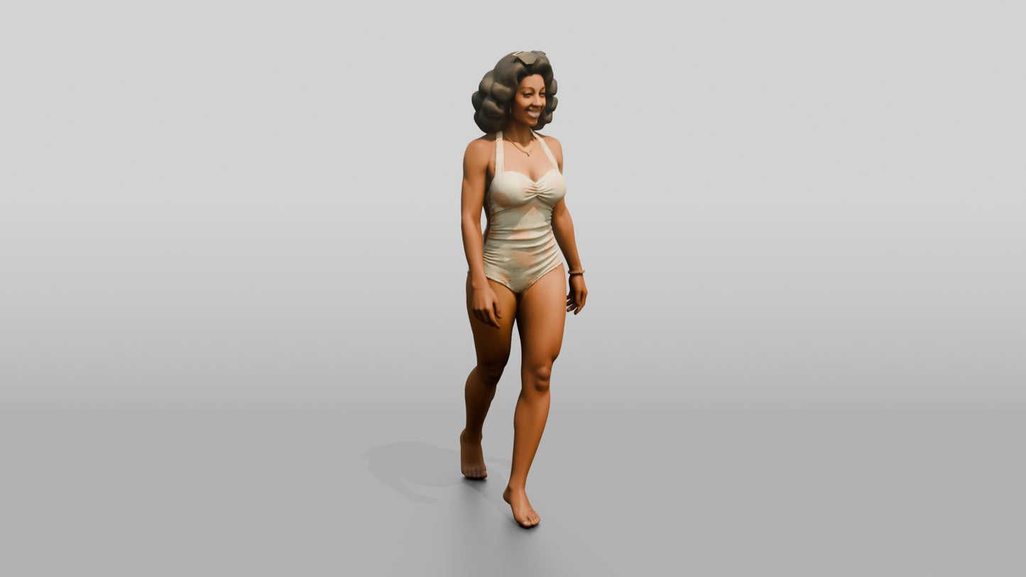 Woman in Cream Swimsuit Walking Barefoot