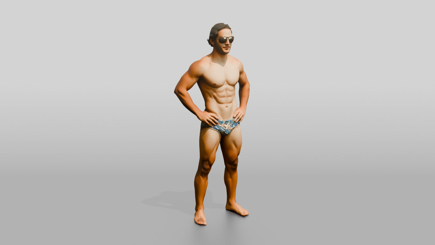 Latino Man in Geometric Swim Brief Beach Pose