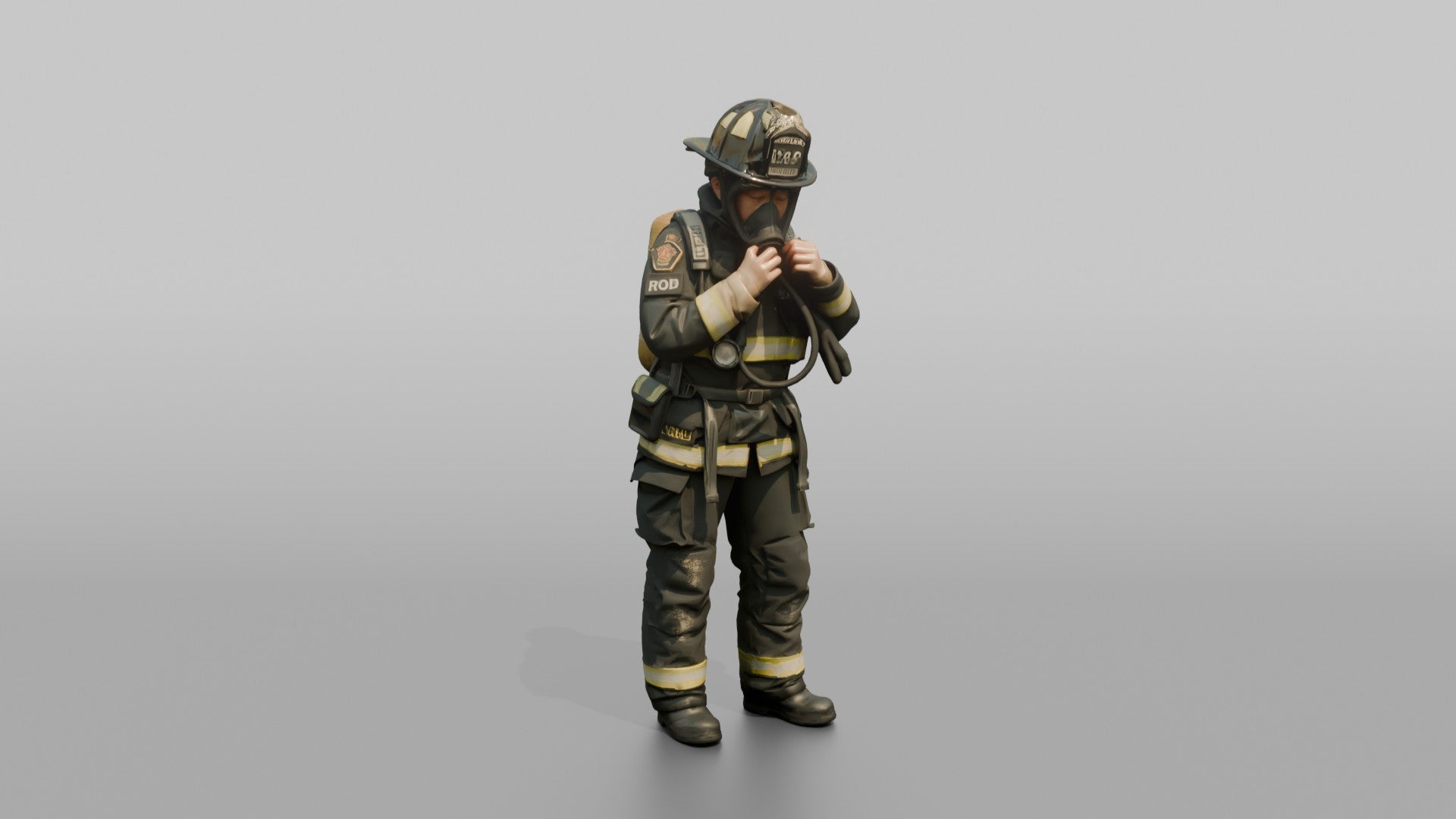 Firefighter Woman Adjusting Her Face Mask Regulator
