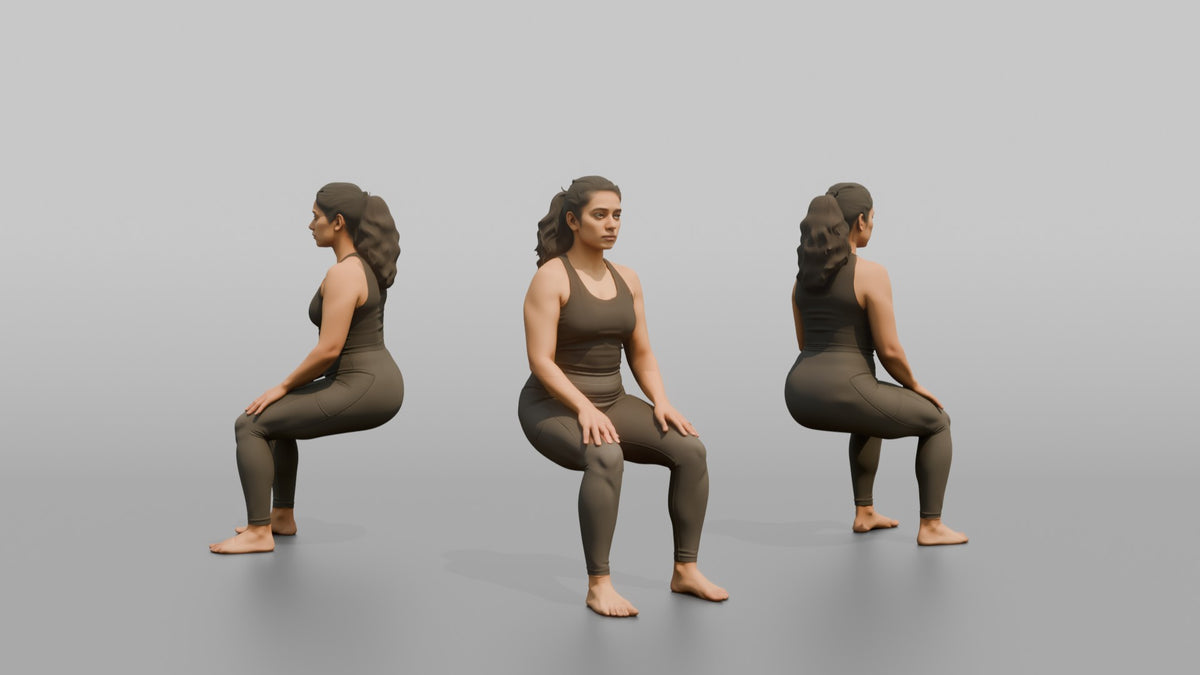 Bodyweight Athlete Woman Holding A Wall-sit Position - 3D character model, view 1