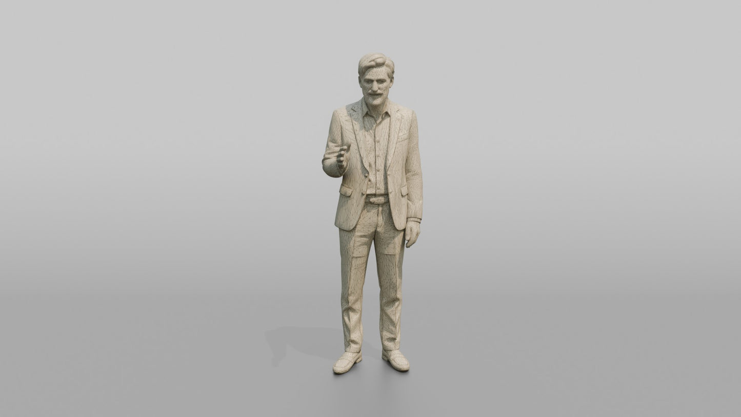 European Man in a Linen Suit, Gesturing Mid-Conversation
