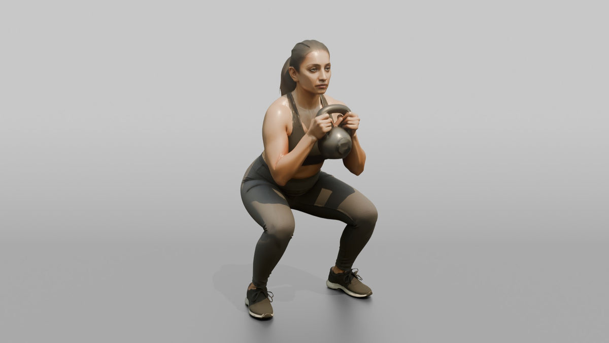 Weightlifter Woman Holding A Kettlebell In A Goblet Squat Position - 3D character model