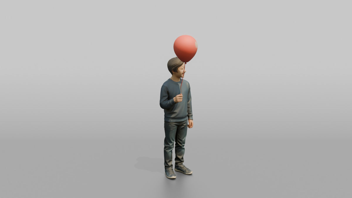 Son Holding A Red Balloon By Its String - 3D character model, view 2