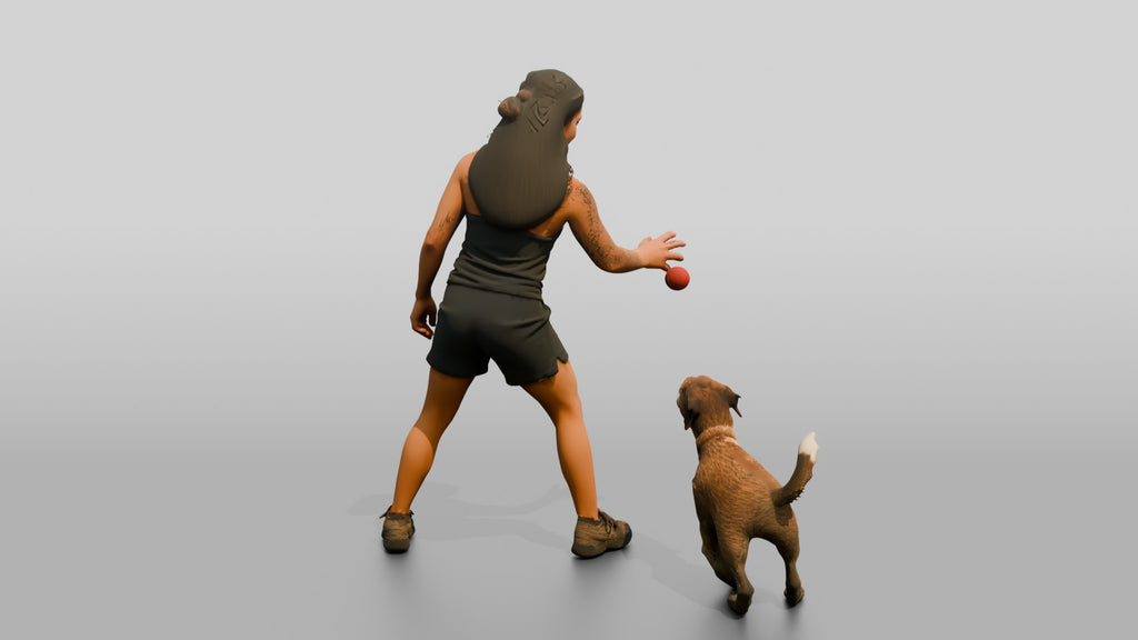 Homeless Woman Tossing a Ball for a Stray Dog