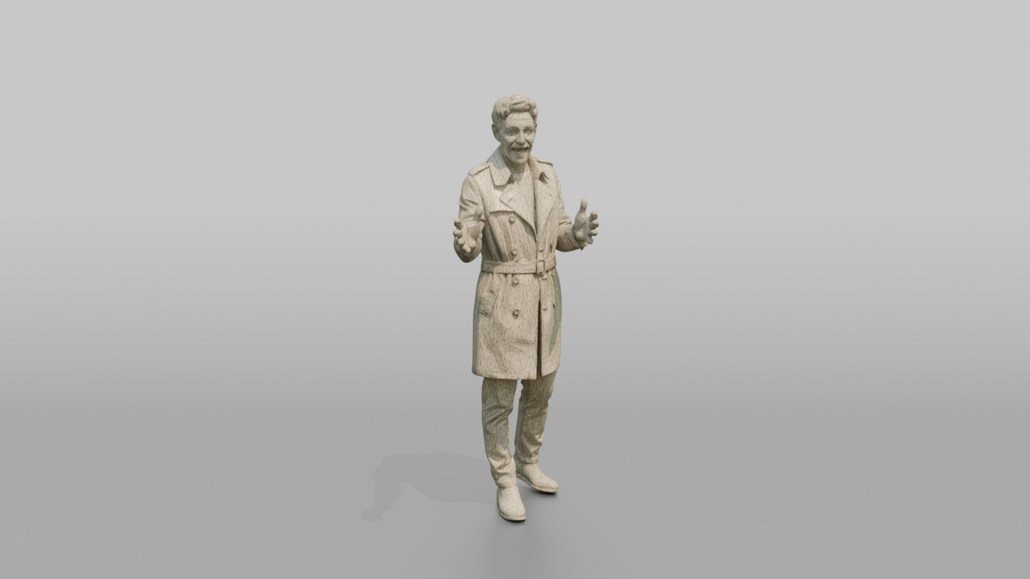 European Man in a Trench Coat, Gesturing Mid-Conversation
