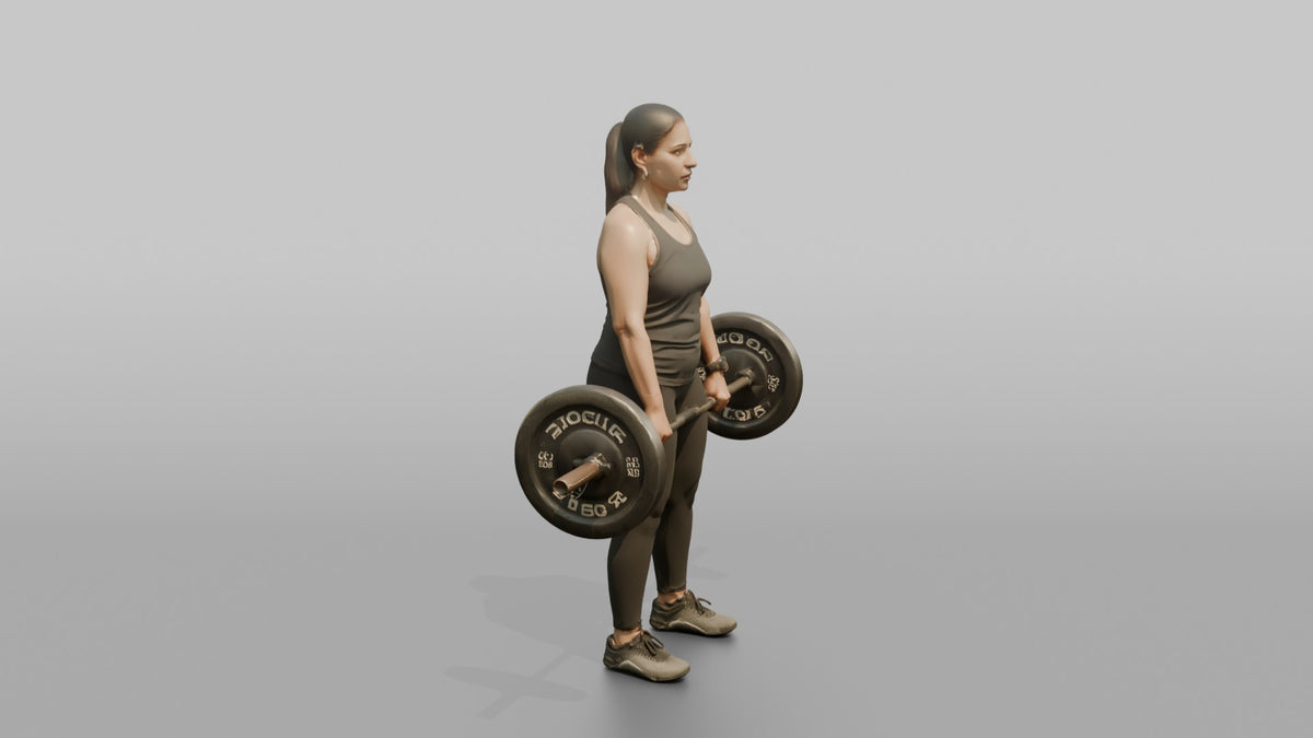 Weightlifter Woman Holding A Loaded Barbell At The Hips Ready To Lift - 3D character model, view 2