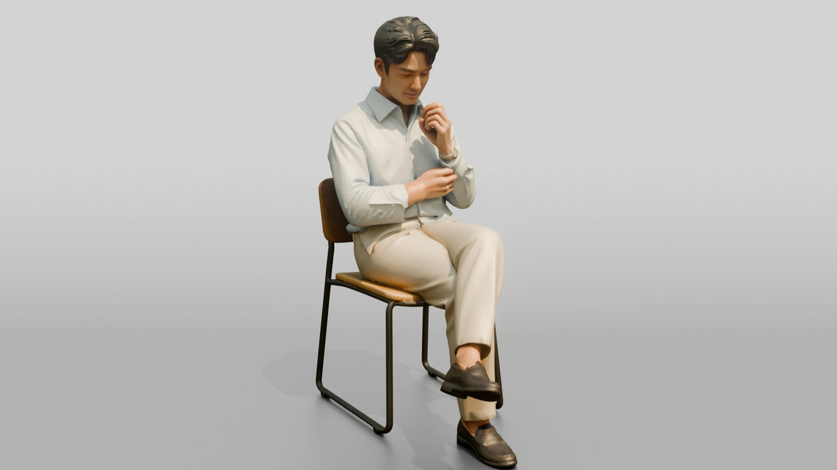 Businessman Sitting in Light Blue Shirt - 3D character model, view 1