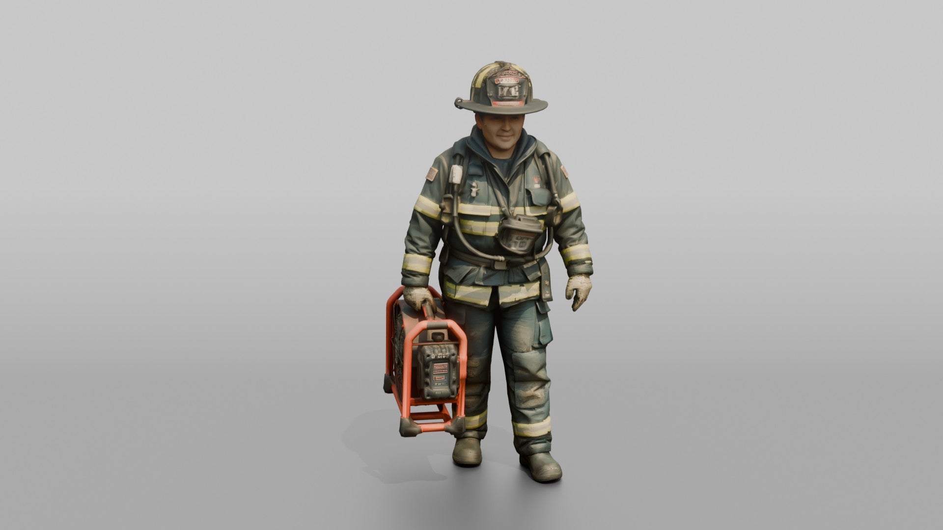 Firefighter Woman Carrying a Battery-powered Ventilation Fan