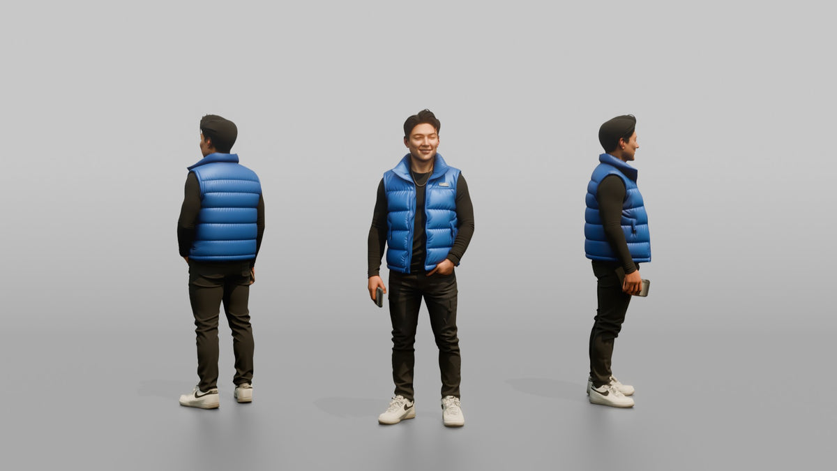Patron Man Striking A Confident Pose In A Bright Puffer Vest - 3D character model, view 1
