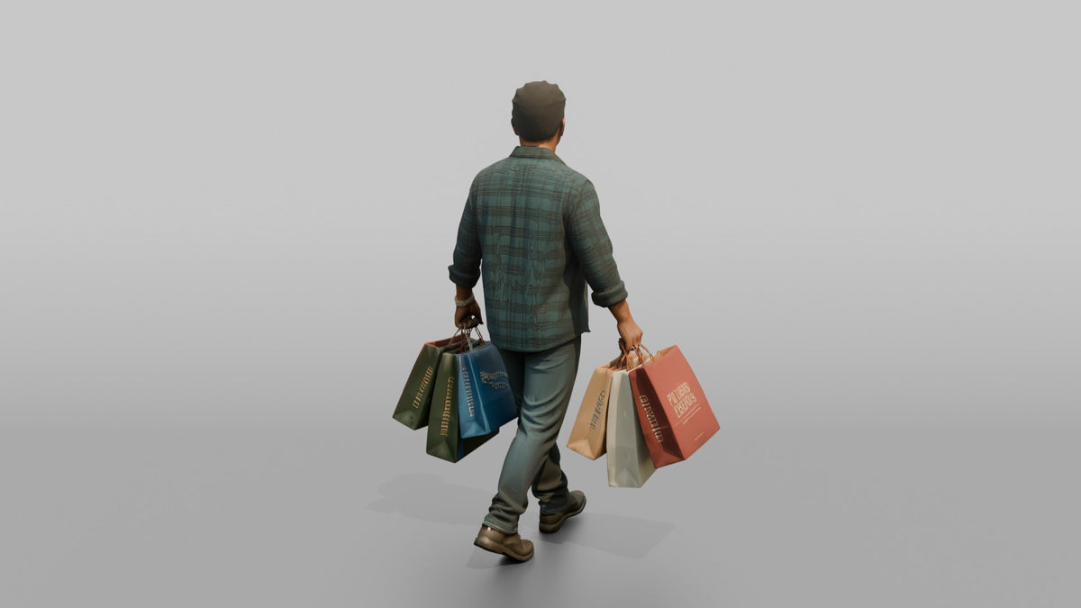 Man Customer Carrying Several Shopping Bags In Both Hands - 3D character model, view 3