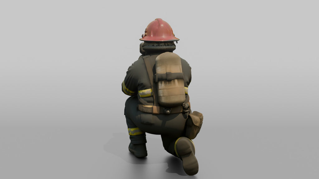 Firefighter Woman Crouching While Scanning Ahead with a Handheld Thermal Imaging Camera