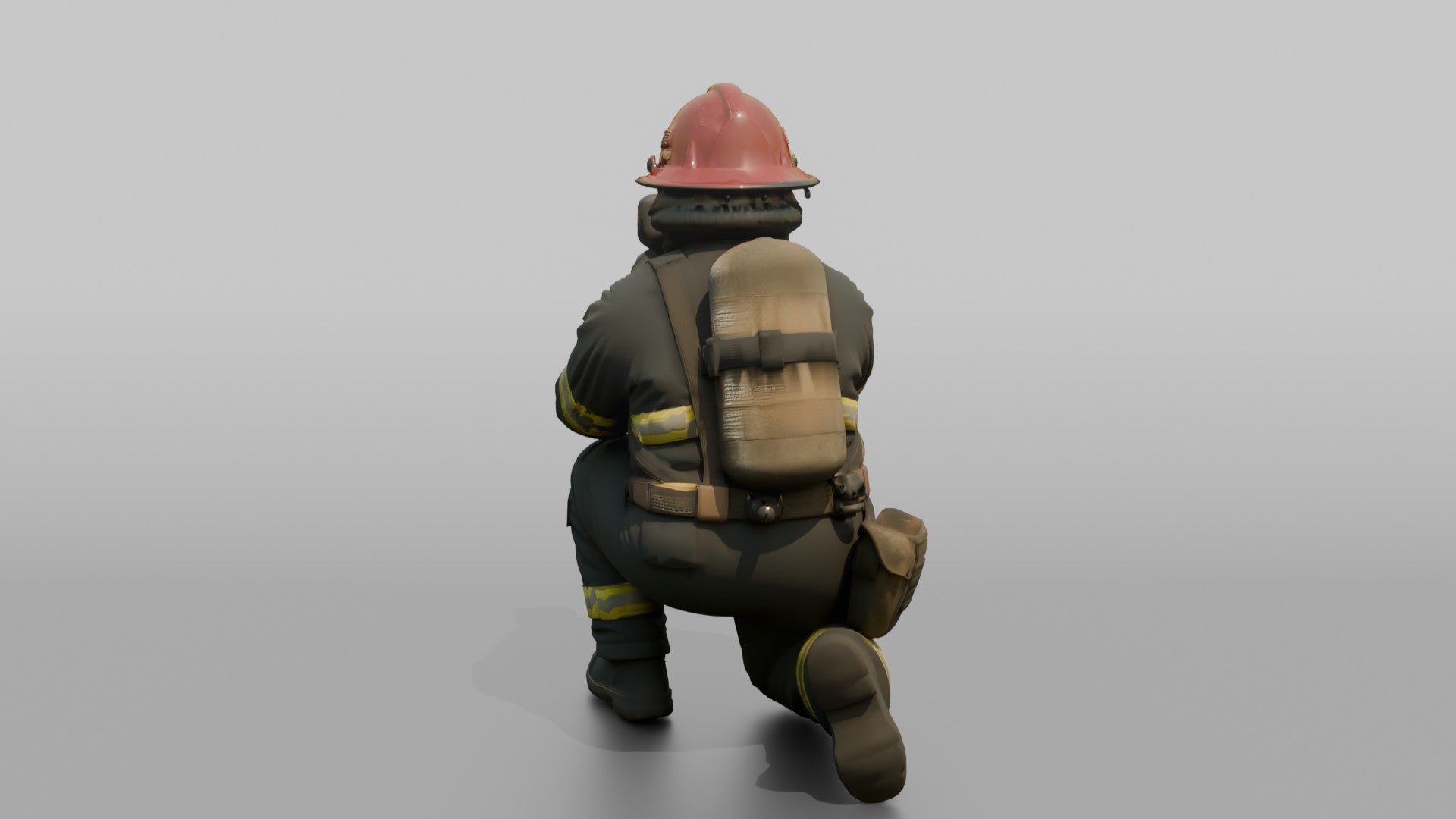 Firefighter Woman Crouching While Scanning Ahead with a Handheld Thermal Imaging Camera