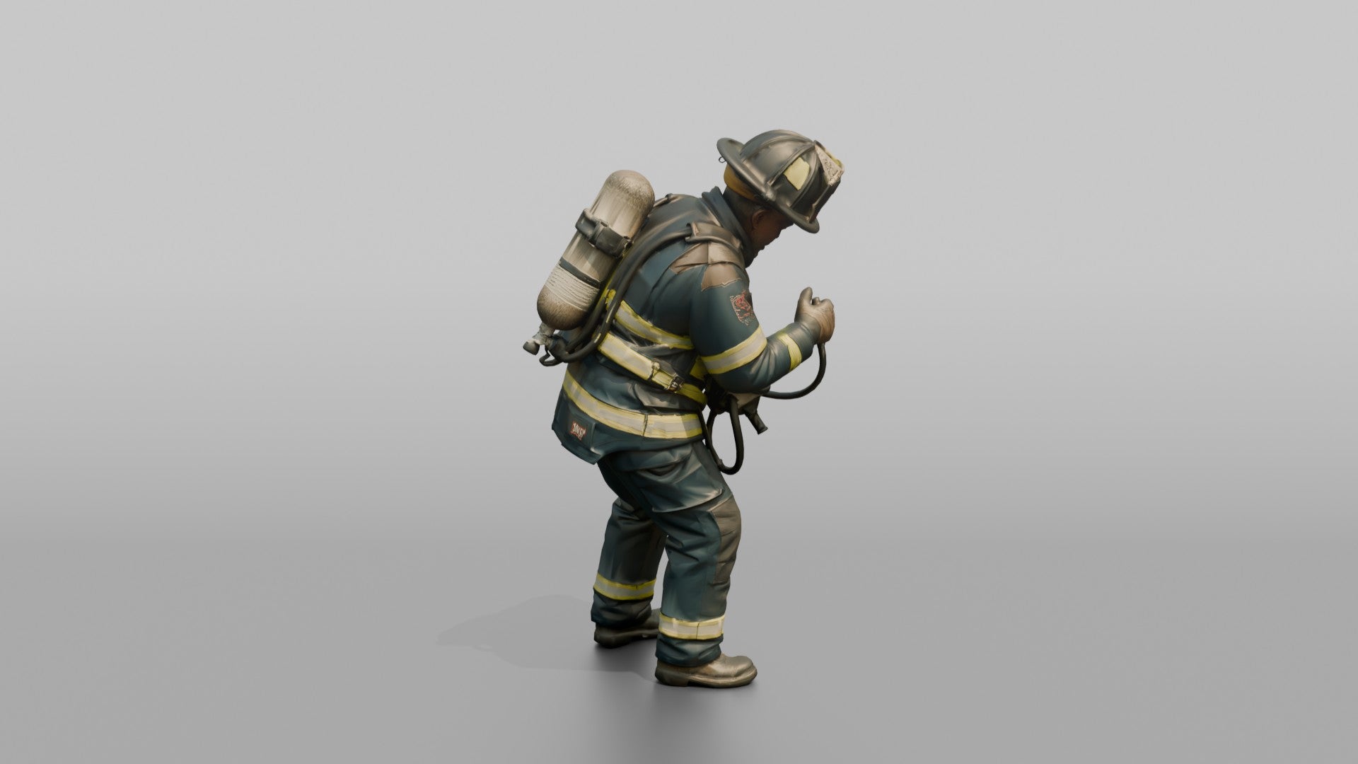 Firefighter Man Checking the Pressure Valve on His SCBA Oxygen Harness