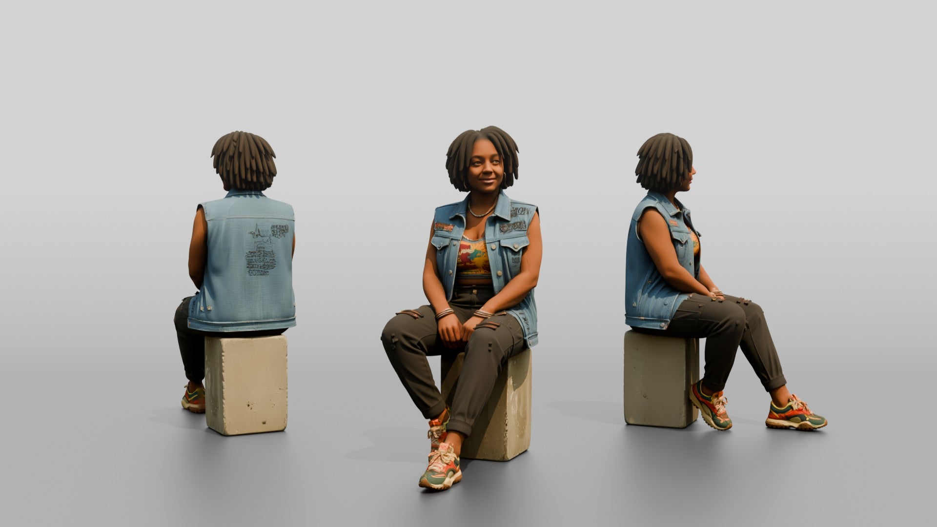 African Woman in Denim Vest Sitting on Concrete Block