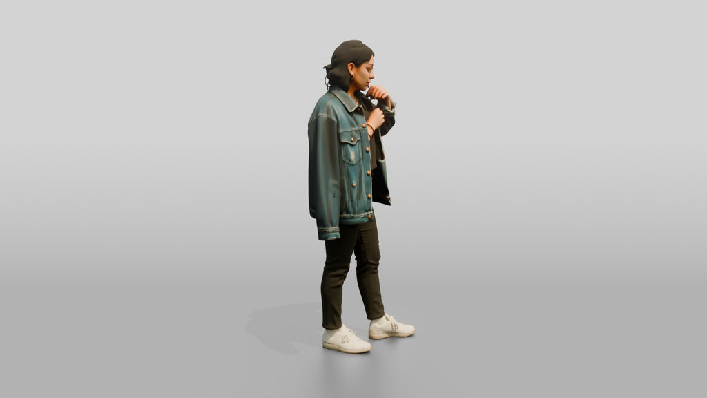 Homeless Woman Adjusting an Oversized Denim Jacket