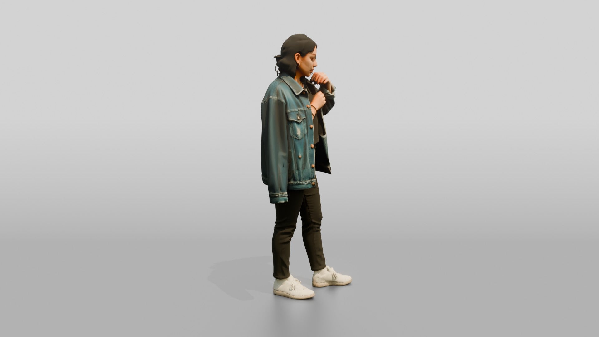 Homeless Woman Adjusting an Oversized Denim Jacket