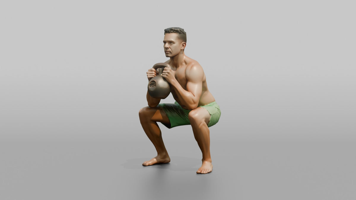 Weightlifter Man Holding A Kettlebell In A Goblet Squat Position - 3D character model, view 4