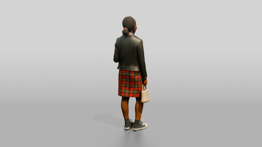 Young African Woman in Leather Jacket and Plaid Skirt