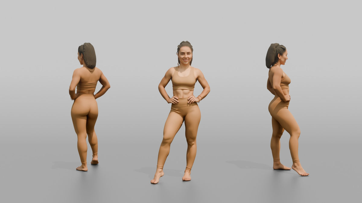Fitness Influencer Woman Standing With One Leg Forward, Hands On Hips - 3D character model, view 1