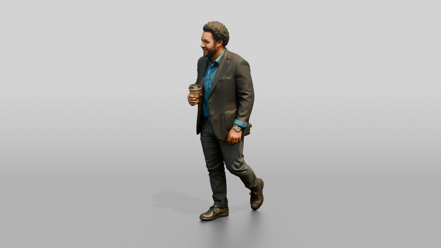 Man Walking with Coffee in the Hallway