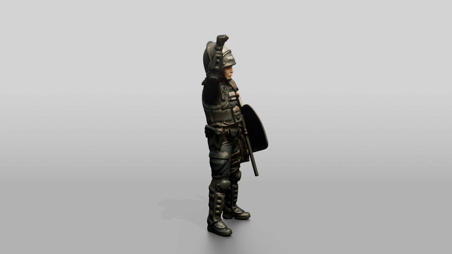 Riot Police Officer with Raised Fist and Shield