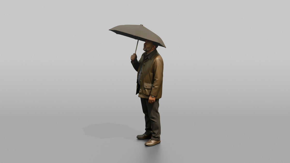Father Holding An Umbrella Overhead, Looking Up At The Sky - 3D character model, view 4