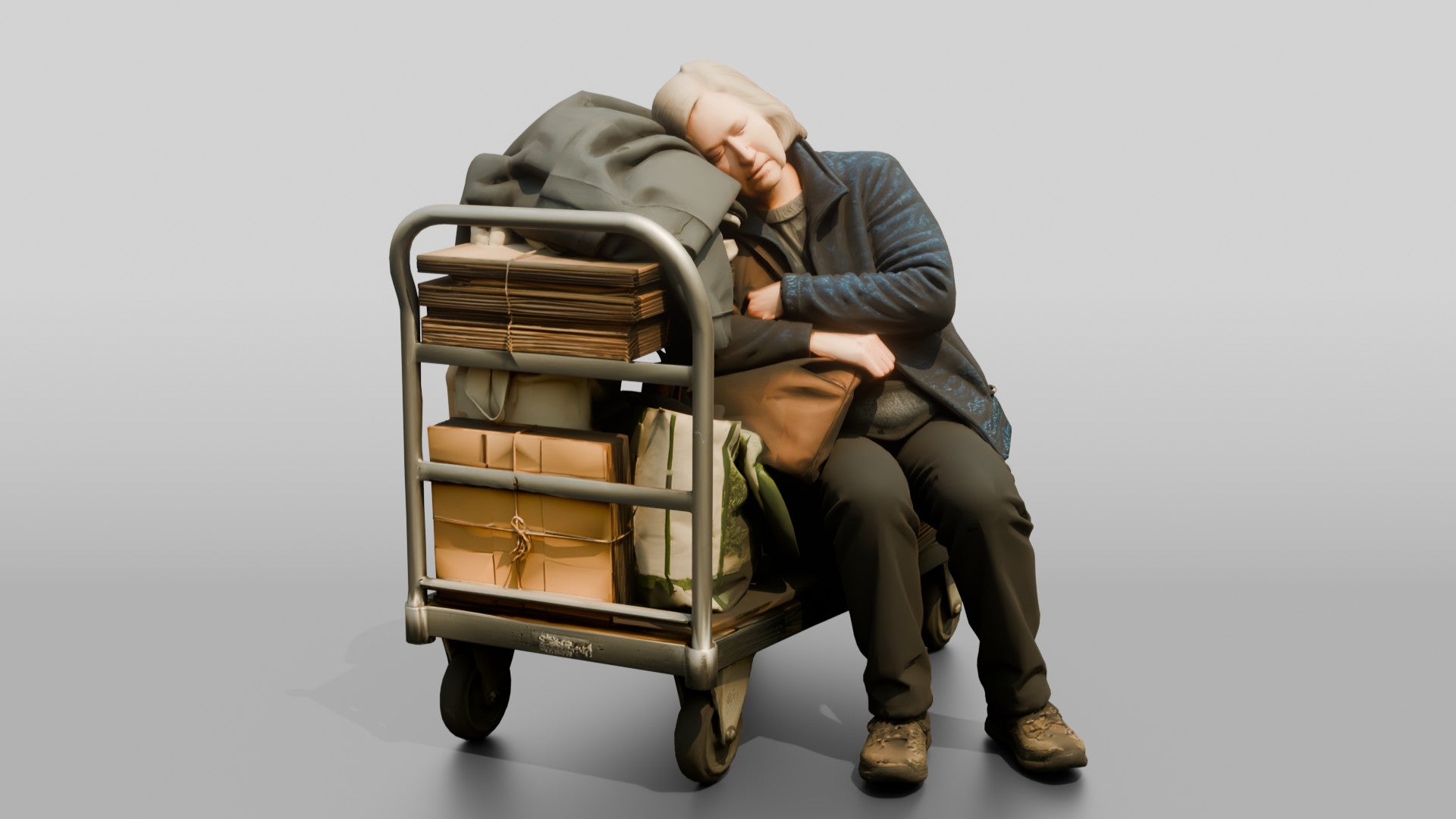 Homeless Woman Sleeping Resting Against a Stacked Cart