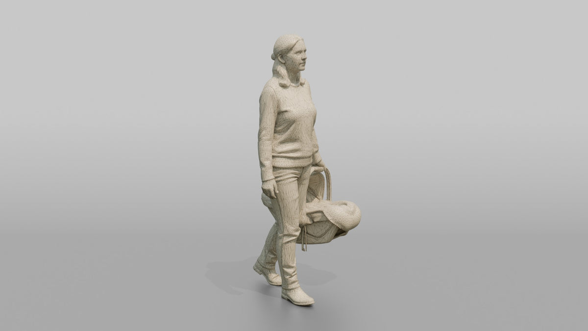 Mother Carrying A Car Seat By Its Handle - wireframe topology preview