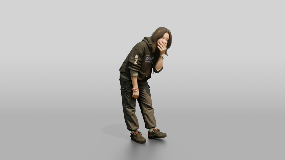 Asian Woman Bent Over Laughing - 3D character model, view 1