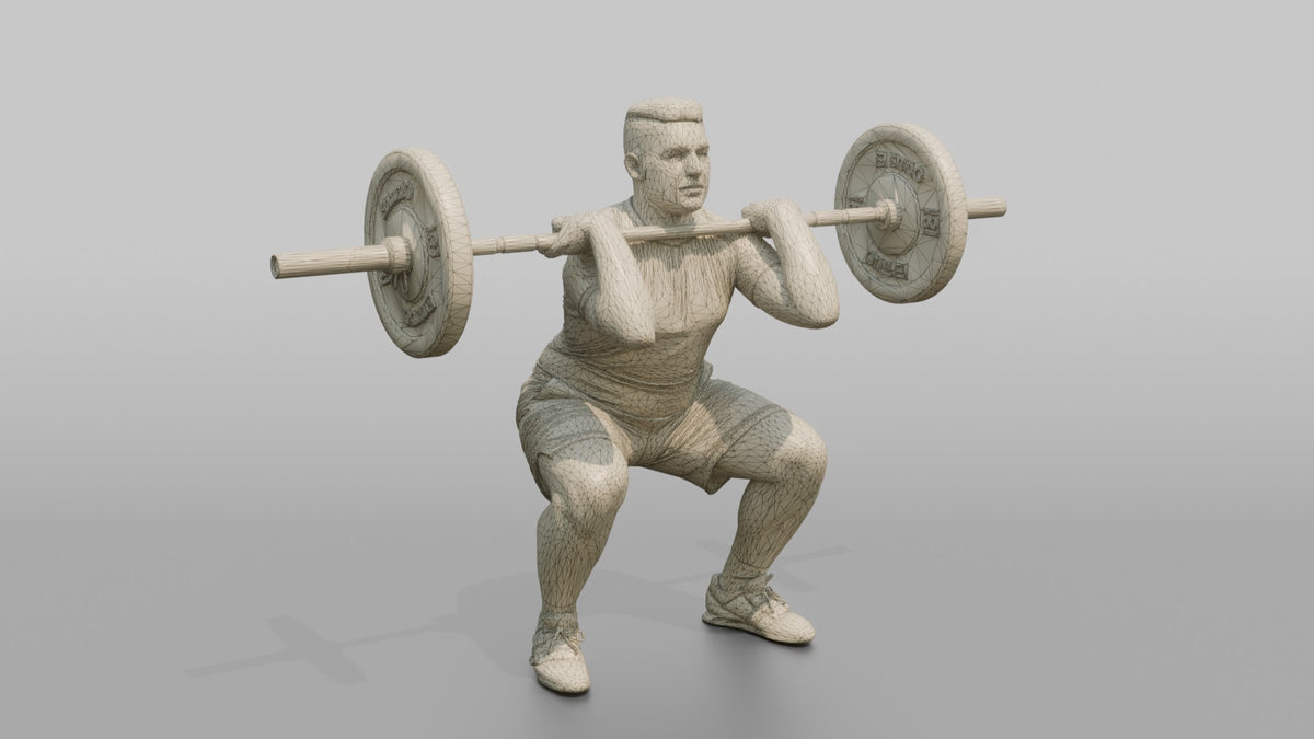 Weightlifter Man Holding A Barbell At Chest Height For A Front Squat - wireframe topology preview