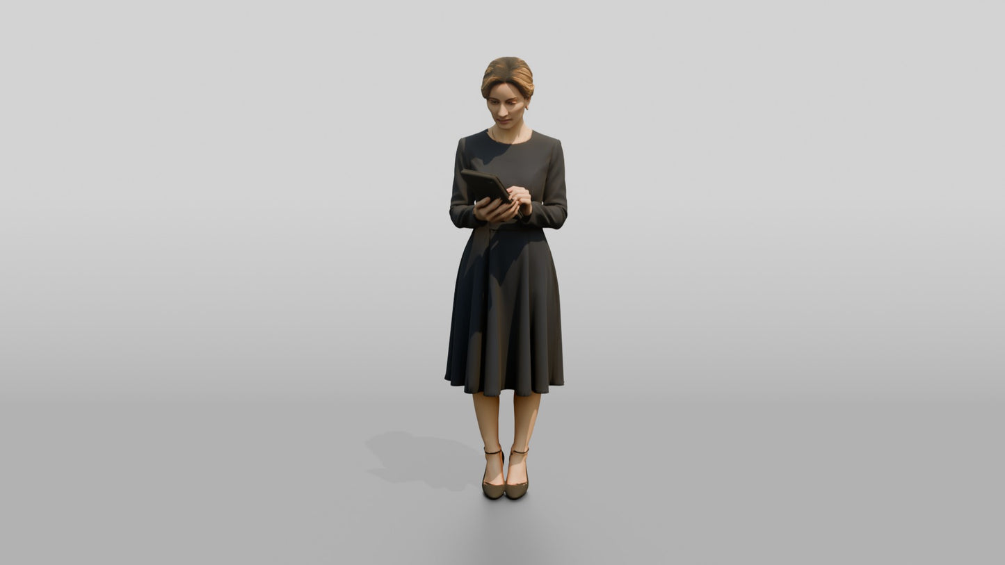 Woman Holding a Tablet in a Navy Dress