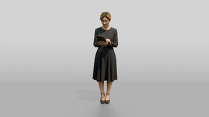 Woman Holding a Tablet in a Navy Dress - 3D character model, view 1