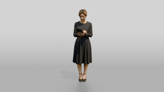 Woman Holding a Tablet in a Navy Dress - 3D character model, view 1