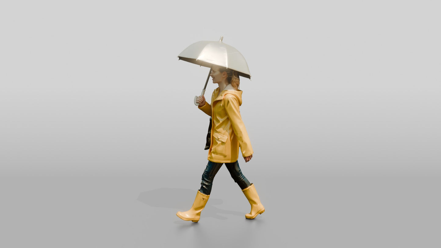 White Woman in Yellow Raincoat with Umbrella