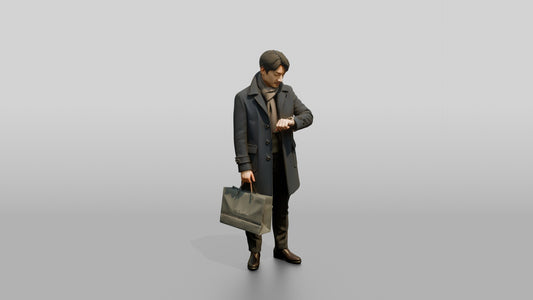 Man Checking His Watch in Winter Coat - 3D character model, view 1