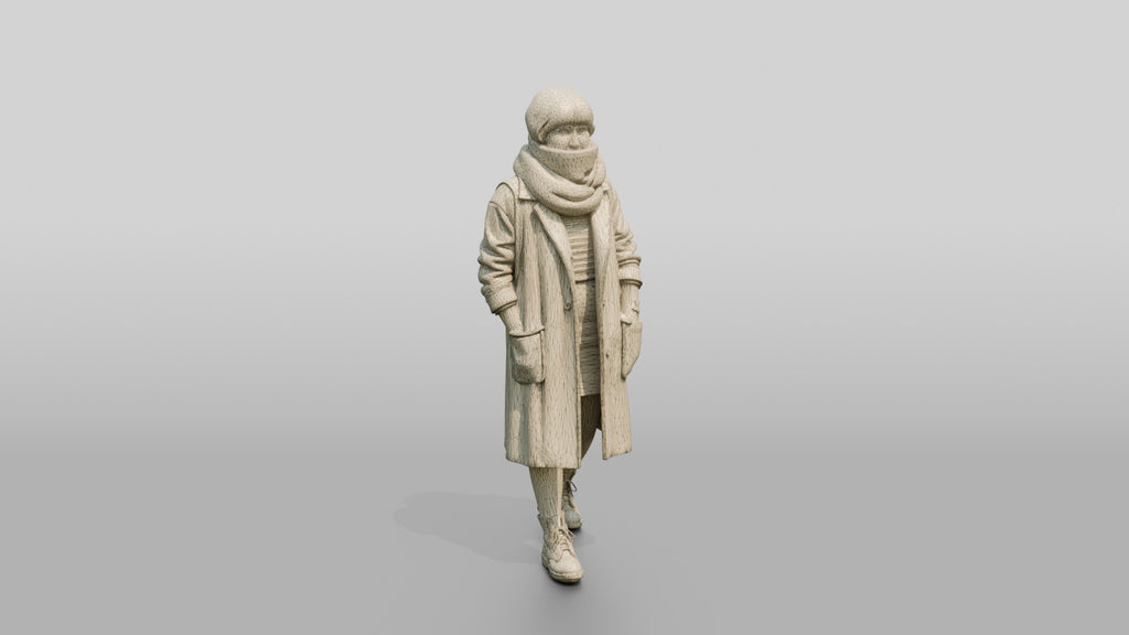 Asian Woman Walking in Oversized Scarf