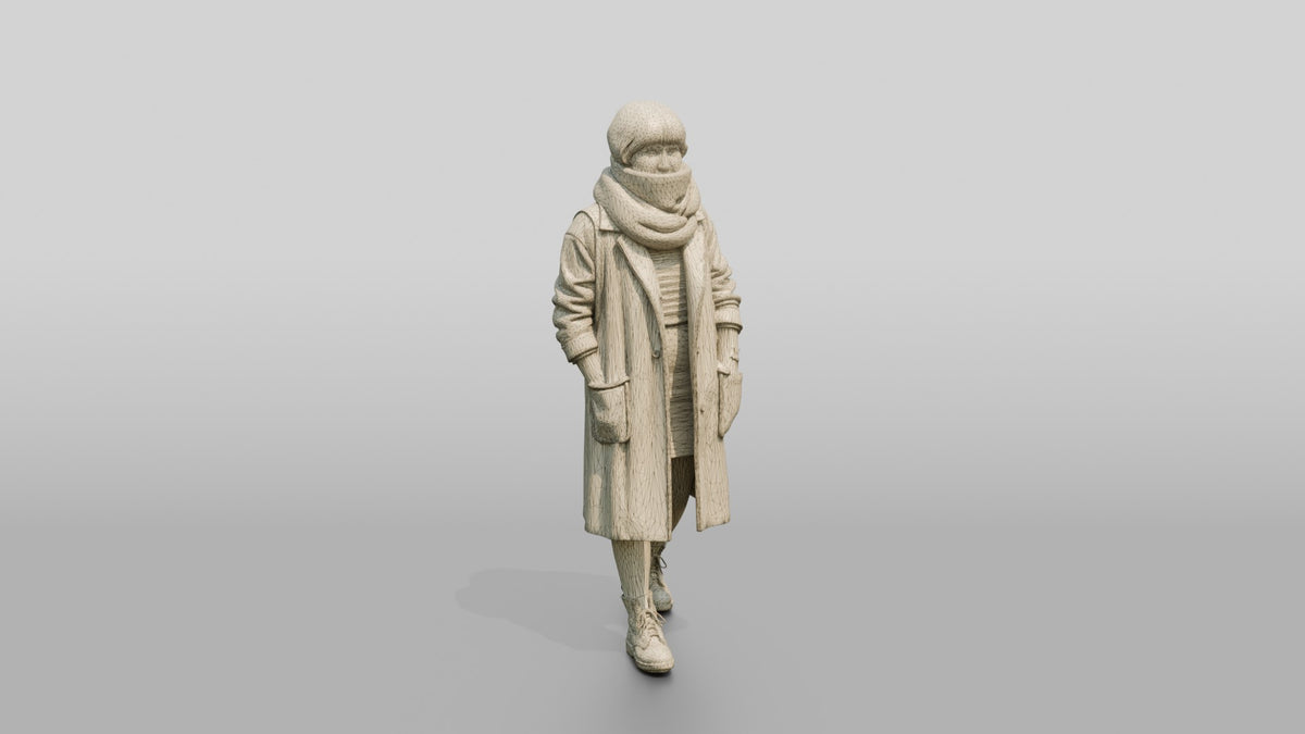 Asian Woman Walking in Oversized Scarf - wireframe topology preview
