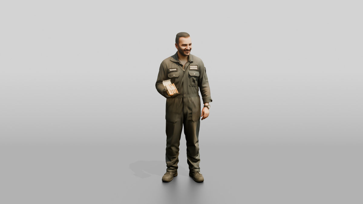 Mechanic Holding Spark Plugs - 3D character model, view 1