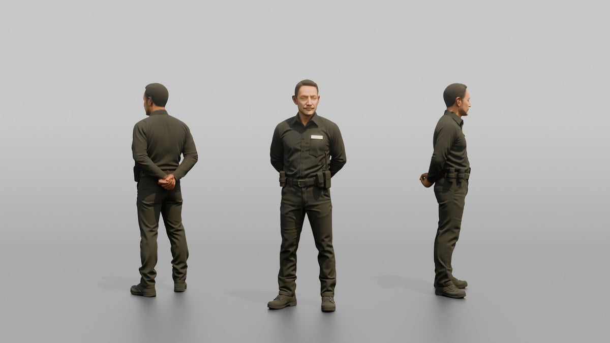 Door Staff Man Standing With Feet Apart, Arms Behind Back - 3D character model, view 1