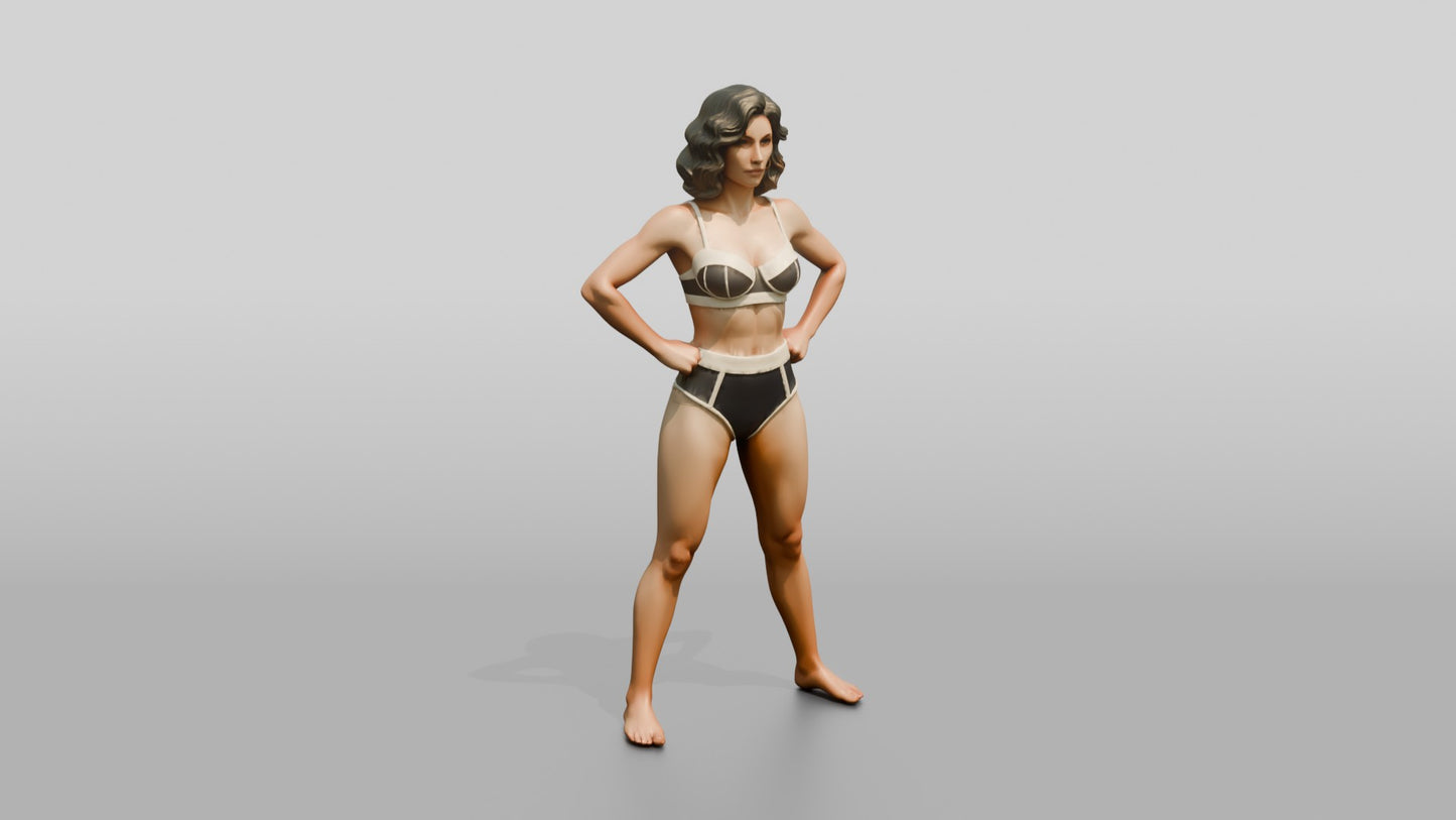 Woman in Black Two-Piece Swimsuit Wide Stance Hands on Hips