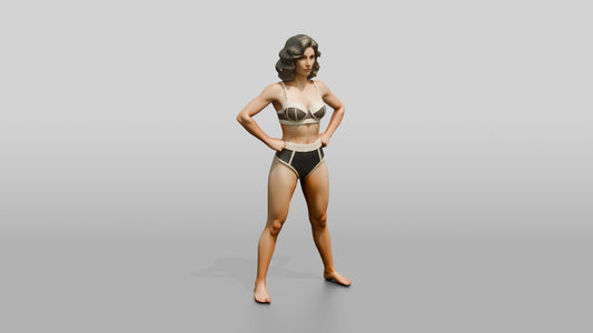 Woman in Black Two-Piece Swimsuit Wide Stance Hands on Hips - 3D character model, view 1