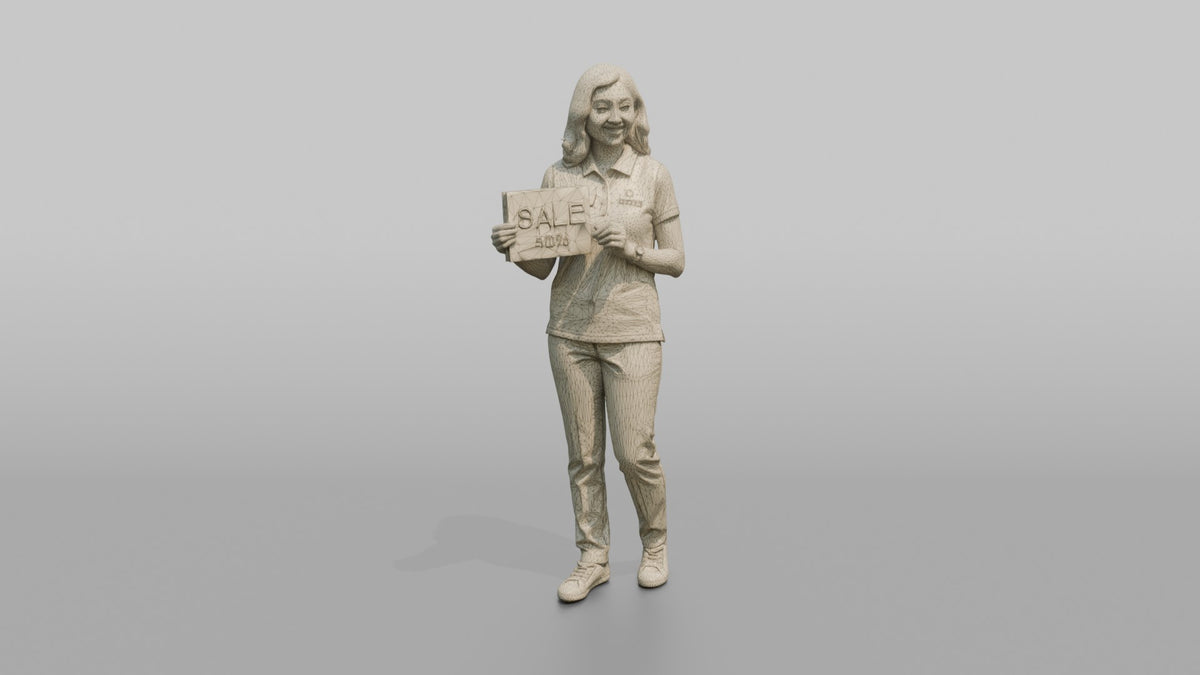 Woman Sales Associate Holding Up A Sale Sign - wireframe topology preview