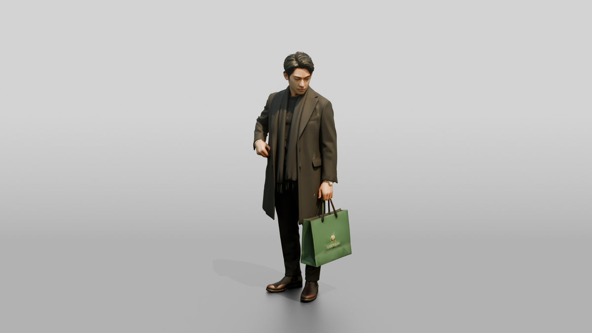 Man Standing in Olive Wool Coat - 3D character model, view 4