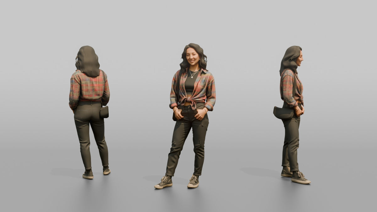 Patron Woman Wearing An Oversized Colorful Flannel Tied At The Waist - 3D character model, view 1