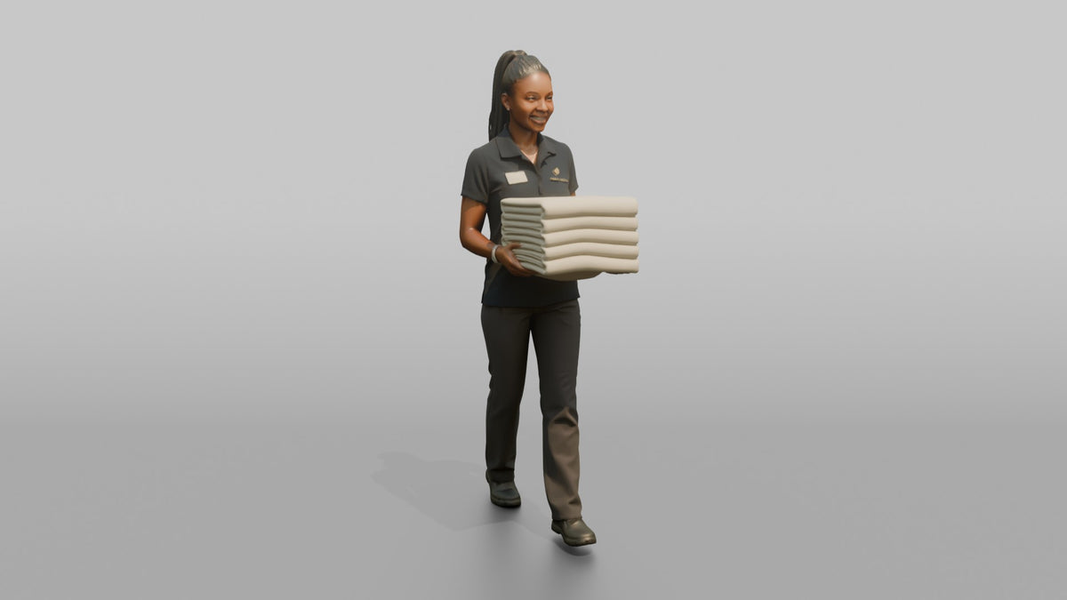 Spa Attendant Man Carrying A Stack Of Folded Pool Towels - 3D character model