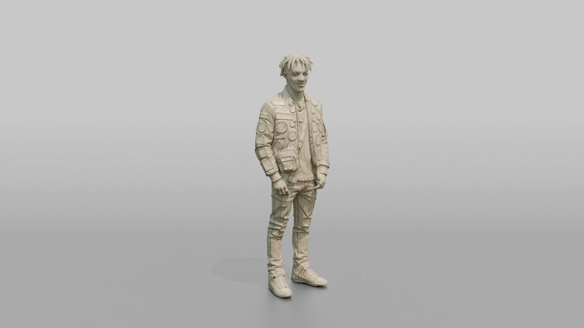 Patron Man Wearing A Vibrant Streetwear Jacket With Bold Patches - wireframe topology preview