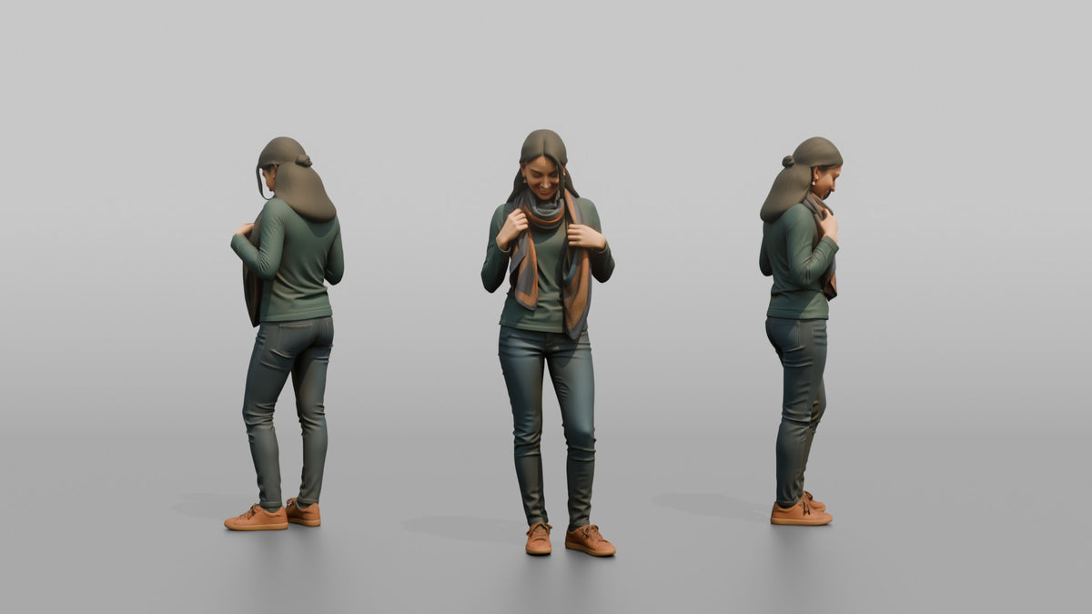 Woman Customer Trying A Scarf Around Her Neck - 3D character model, view 1